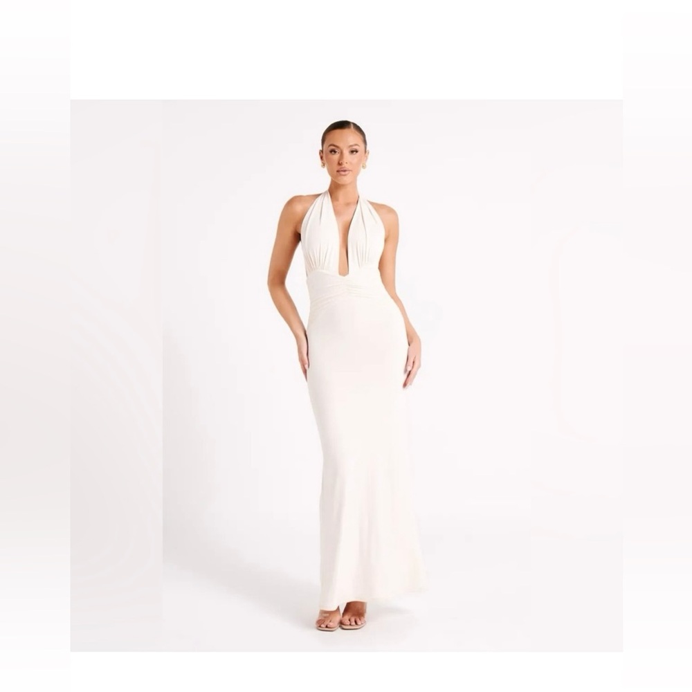 Meshki Cream Backless Halter Maxi Dress